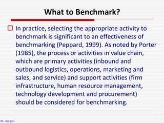 Dr. Zargari
What to Benchmark?
 In practice, selecting the appropriate activity to
benchmark is significant to an effecti...