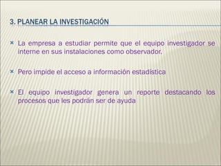 La empresa a estudiar permite que el equipo investigador se interne en sus instalaciones como observador. Pero impide el acceso a información estadística El equipo investigador genera un reporte destacando los procesos que les podrán ser de ayuda 