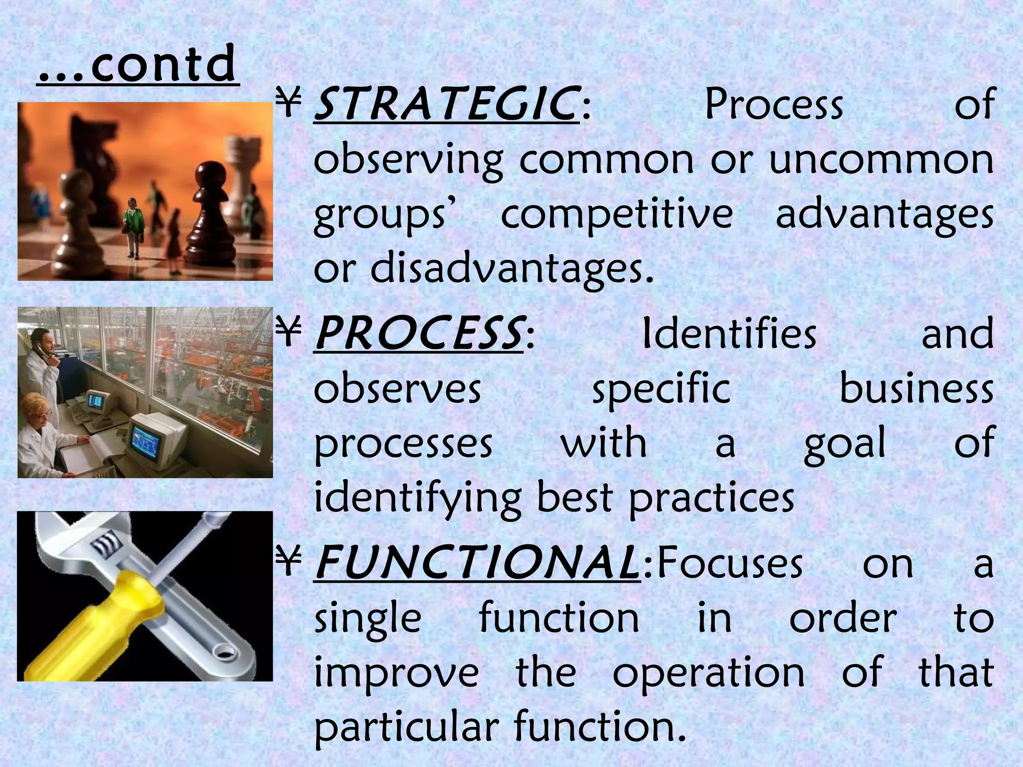 …contd
¥ STRATEGIC: Process of
observing common or uncommon
groups’ competitive advantages
or disadvantages.
¥ PROCESS: Identifies and
observes specific business
processes with a goal of
identifying best practices
¥ FUNCTIONAL:Focuses on a
single function in order to
improve the operation of that
particular function.
 