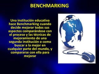 BENCHMARKING

  Una institución educativa
 hace Benchmarking cuando
  decide mejorar todos sus
aspectos comparándose con
 el proceso y las técnicas de
    mejoramiento de una
 segunda institución o como
     buscar a la mejor en
cualquier parte del mundo, y
  compararse con ella para
           mejorar
 