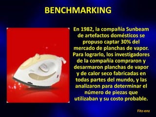 BENCHMARKING
     En 1982, la compañía Sunbeam
       de artefactos domésticos se
          propuso captar 30% del
     mercado de planchas de vapor.
     Para lograrlo, los investigadores
       de la compañía compraron y
     desarmaron planchas de vapor
       y de calor seco fabricadas en
      todas partes del mundo, y las
      analizaron para determinar el
           número de piezas que
      utilizaban y su costo probable.
                                Fitz-enz
 