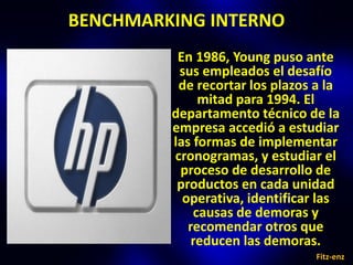 BENCHMARKING INTERNO
          En 1986, Young puso ante
          sus empleados el desafío
          de recortar los plazos a la
              mitad para 1994. El
         departamento técnico de la
         empresa accedió a estudiar
         las formas de implementar
         cronogramas, y estudiar el
          proceso de desarrollo de
          productos en cada unidad
           operativa, identificar las
             causas de demoras y
            recomendar otros que
             reducen las demoras.
                                 Fitz-enz
 