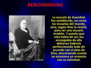 BENCHMARKING

         La escuela de Avondale
       fue establecida, no como
        las escuelas del mundo,
       sino, según Dios lo reveló,
          para ser una escuela
          modelo. Y puesto que
          esto había de ser, los
           encargados de ella
            debieran haberlo
         perfeccionado todo de
         acuerdo con el plan de
       Dios, descartando cuanto
        no estuviese en armonía
             con su voluntad.
 