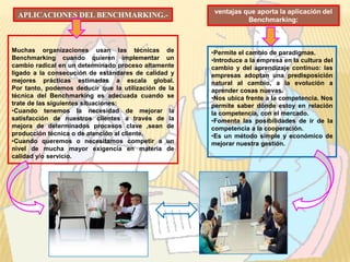 ventajas que aporta la aplicación del
 APLICACIONES DEL BENCHMARKING.-
                                                                 Benchmarking:



Muchas organizaciones usan las técnicas de            •Permite el cambio de paradigmas.
Benchmarking cuando quieren implementar un            •Introduce a la empresa en la cultura del
cambio radical en un determinado proceso altamente    cambio y del aprendizaje continuo: las
ligado a la consecución de estándares de calidad y    empresas adoptan una predisposición
mejores prácticas estimadas a escala global.          natural al cambio, a la evolución a
Por tanto, podemos deducir que la utilización de la   aprender cosas nuevas.
técnica del Benchmarking es adecuada cuando se        •Nos ubica frente a la competencia. Nos
trate de las siguientes situaciones:                  permite saber dónde estoy en relación
•Cuando tenemos la necesidad de mejorar la            la competencia, con el mercado.
satisfacción de nuestros clientes a través de la      •Fomenta las posibilidades de ir de la
mejora de determinados procesos clave ,sean de        competencia a la cooperación.
producción técnica o de atención al cliente.          •Es un método simple y económico de
•Cuando queremos o necesitamos competir a un          mejorar nuestra gestión.
nivel de mucha mayor exigencia en materia de
calidad y/o servicio.
 