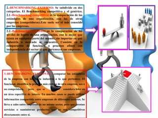 2.-BENCHMARKING EXTERNO: Se subdivide en dos
  categorías. El Benchmarking competitivo y el genérico.
  2.1.-Benchmarking competitivo: es la comparación de los
  estándares de una organización, con los de otras
  empresas (competidoras).Este suele ser el más conocido
  por las empresas.
  2.2.-Benchmarking genérico: es la comparación de los
  niveles de logros de una organización, con lo mejor que
  exista en cualquier parte del mundo, sin importar en qué
  industria o mercado se encuentre. Consiste en la
  comparación de funciones o procesos afines con
  independencia del sector al que pertenecen sus empresas.




3.-BENCHMARKING FUNCIONAL : comparar los estándares
de la empresa con los de la industria a la que pertenece. El
funcional, identifica la práctica más exitosa de otra empresa, sea o
no competidora,     pero   que se                considera líder en
un área específica de interés. En muchos casos se puede utilizar
información compartida entre empresas de diferentes sectores. Se
lleva a cabo entre empresas de un mismo sector, pero que prestan
servicios o suministran productos que no son competitivos
directamente entre si.
 