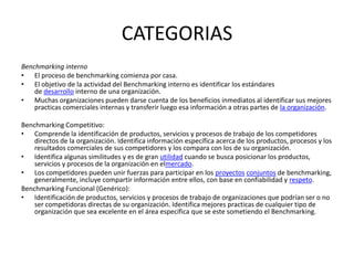 CATEGORIAS
Benchmarking interno
• El proceso de benchmarking comienza por casa.
• El objetivo de la actividad del Benchmarking interno es identificar los estándares
    de desarrollo interno de una organización.
• Muchas organizaciones pueden darse cuenta de los beneficios inmediatos al identificar sus mejores
    practicas comerciales internas y transferir luego esa información a otras partes de la organización.

Benchmarking Competitivo:
• Comprende la identificación de productos, servicios y procesos de trabajo de los competidores
    directos de la organización. Identifica información específica acerca de los productos, procesos y los
    resultados comerciales de sus competidores y los compara con los de su organización.
• Identifica algunas similitudes y es de gran utilidad cuando se busca posicionar los productos,
    servicios y procesos de la organización en elmercado.
• Los competidores pueden unir fuerzas para participar en los proyectos conjuntos de benchmarking,
    generalmente, incluye compartir información entre ellos, con base en confiabilidad y respeto.
Benchmarking Funcional (Genérico):
• Identificación de productos, servicios y procesos de trabajo de organizaciones que podrían ser o no
    ser competidoras directas de su organización. Identifica mejores practicas de cualquier tipo de
    organización que sea excelente en el área específica que se este sometiendo el Benchmarking.
 