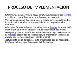 PROCESO DE IMPLEMENTACION
1 Determinar a que se le va a hacer benchmarking: identificar clientes,
necesidades e identificar y asegurar los recursos necesarios.
2Formar un equipo de benchmarking: la mayor parte son actividades
de equipo y los papeles y responsabilidades son asignadas a los
miembros.
3Identificar los socios de benchmarking: utilizar fuentes de información
e identificar las mejores prácticas industriales y organizacionales.
4Recopilar y analizar la información de benchmarking: se seleccionan
los métodos específicos de recopilación, la información se realiza de
acuerdo con las necesidades del cliente original.
5actuar: esta etapa del proceso esta influenciada por las necesidades
del cliente original y por los usos de la información.
 