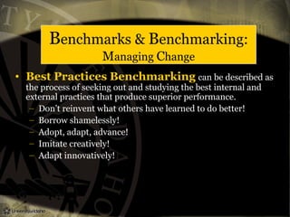 Benchmarks & Benchmarking:
Managing Change
• Best Practices Benchmarking can be described as
the process of seeking out and studying the best internal and
external practices that produce superior performance.
– Don’t reinvent what others have learned to do better!
– Borrow shamelessly!
– Adopt, adapt, advance!
– Imitate creatively!
– Adapt innovatively!
 