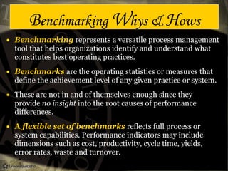 Benchmarking Whys & Hows
• Benchmarking represents a versatile process management
tool that helps organizations identify and understand what
constitutes best operating practices.
• Benchmarks are the operating statistics or measures that
define the achievement level of any given practice or system.
• These are not in and of themselves enough since they
provide no insight into the root causes of performance
differences.
• A flexible set of benchmarks reflects full process or
system capabilities. Performance indicators may include
dimensions such as cost, productivity, cycle time, yields,
error rates, waste and turnover.
 
