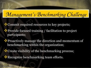 Management’s Benchmarking Challenge
Commit required resources to key projects;
Provide focused training / facilitation to project
participants;
Proactively manage the direction and momentum of
benchmarking within the organization;
Create visibility of the benchmarking process;
Recognize benchmarking team efforts.
 