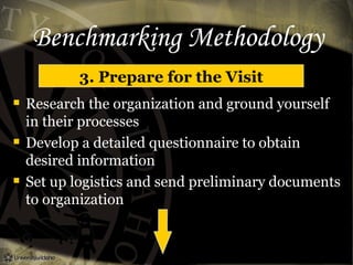 Benchmarking Methodology
3. Prepare for the Visit
 Research the organization and ground yourself
in their processes
 Develop a detailed questionnaire to obtain
desired information
 Set up logistics and send preliminary documents
to organization
 
