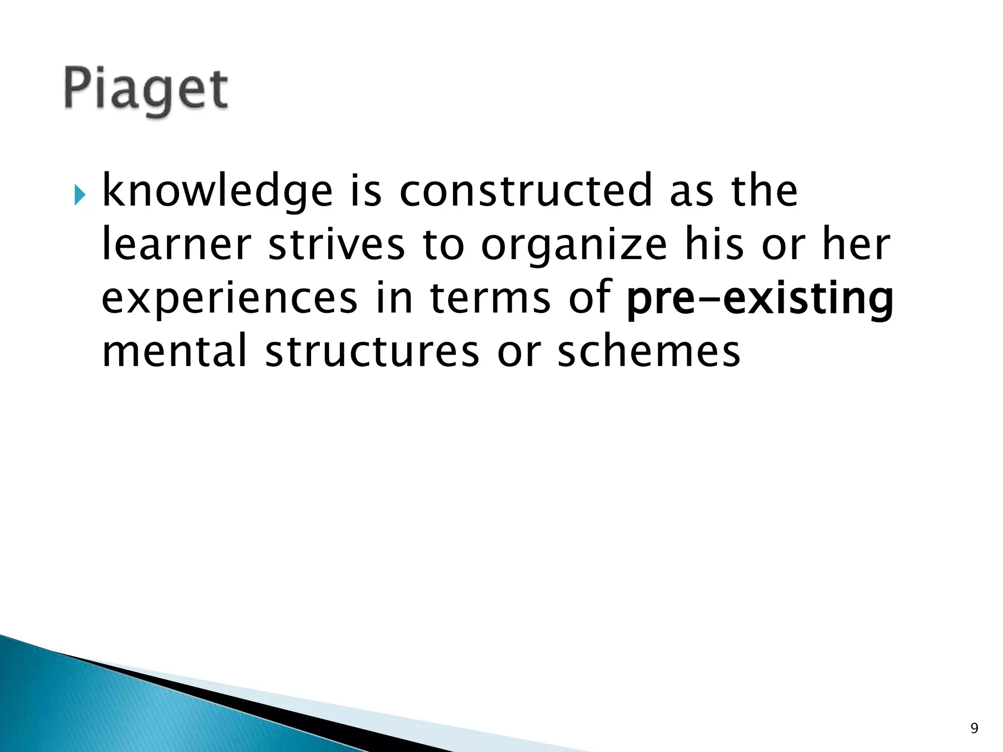  knowledge is constructed as the
learner strives to organize his or her
experiences in terms of pre-existing
mental structures or schemes
9
 