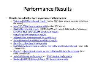 Performance Results 
• Results provided by store implementers themselves: 
– Virtuoso BSBM benchmark results (native RDF store versus mapped relational 
database) 
– Jena TDB BSBM benchmark results (native RDF store) 
– OWLIM Benchmark results (LUBM, BSBM and Linked Data loading/inference) 
– SemWeb .NET library BSBM benchmark results 
– Virtuoso LUBM benchmark results 
– AllegroGraph 2.0 Benchmark for LUBM-50-0 
– Sesame NativeStore LUBM benchmark results 
– RacerPro LUBM benchmark results 
– SwiftOWLIM benchmark results for the LUBM and City benchmark (from slide 
27 onwards) 
– Oracle 11g benchmark results for the LUBM and Uniprot benchmark (from 
slide 20 onwards) 
– Jena SDB/Query performance and SDB/Loading performance 
– Bigdata BSBM V3 Reduced Query Mix benchmark results 
 