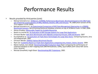 Performance Results 
• Results provided by third parties (cont): 
– Michael Schmidt et al.: SP2Bench: A SPARQL Performance Benchmark. Benchmark based on the DBLP data 
set comparing current versions of ARQ, Redland, Sesame, SDB, and Virtuoso. TR, 2008 (short version of the 
TR to appear in ICDE 2009). 
– Michael Schmidt et al.: An Experimental Comparison of RDF Data Management Approaches in a SPARQL 
Benchmark Scenario. Benchmarking Relational Database schemes on top of SP2Bench Suite. In ISWC 2008. 
– Atanas Kiryakov: Measurable Targets for Scalable Reasoning 
– Baolin Liu and Bo Hu: An Evaluation of RDF Storage Systems for Large Data Applications 
– Christian Becker: RDF Store Benchmarks with DBpedia comparing Virtuoso, SDB and Sesame. 2007 
– Kurt Rohloff et al.: An Evaluation of Triple-Store Technologies for Large Data Stores. Comparing Sesame, Jena 
and AllegroGraph. 2007 
– Christian Weiske: SPARQL Engines Benchmark Results 
– Ryan Lee: Scalability Report on Triple Store Applications comparing Jena, Kowari, 3store, Sesame. 2004 
– Martin Svihala, Ivan Jelinek: Benchmarking RDF Production Tools Paper comparing the performance of 
relational database to RDF mapping tools (METAmorphoses, D2RQ, SquirrelRDF) with native RDF stores 
(Jena, Sesame) 
– Michael Streatfield, Hugh Glaser: Benchmarking RDF Triplestores, 2005 
 