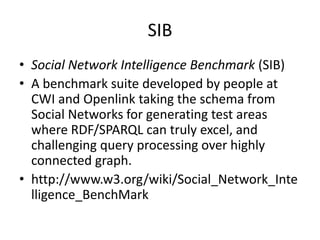 SIB 
• Social Network Intelligence Benchmark (SIB) 
• A benchmark suite developed by people at 
CWI and Openlink taking the schema from 
Social Networks for generating test areas 
where RDF/SPARQL can truly excel, and 
challenging query processing over highly 
connected graph. 
• http://www.w3.org/wiki/Social_Network_Inte 
lligence_BenchMark 
 