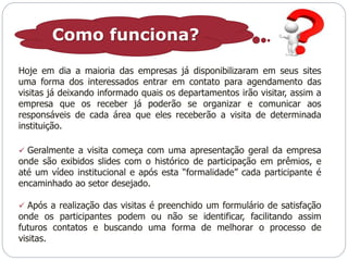 Como funciona? 
Hoje em dia a maioria das empresas já disponibilizaram em seus sites 
uma forma dos interessados entrar em contato para agendamento das 
visitas já deixando informado quais os departamentos irão visitar, assim a 
empresa que os receber já poderão se organizar e comunicar aos 
responsáveis de cada área que eles receberão a visita de determinada 
instituição. 
 Geralmente a visita começa com uma apresentação geral da empresa 
onde são exibidos slides com o histórico de participação em prêmios, e 
até um vídeo institucional e após esta “formalidade” cada participante é 
encaminhado ao setor desejado. 
 Após a realização das visitas é preenchido um formulário de satisfação 
onde os participantes podem ou não se identificar, facilitando assim 
futuros contatos e buscando uma forma de melhorar o processo de 
visitas. 
 