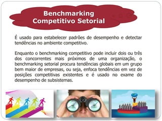 Benchmarking 
Competitivo Setorial 
É usado para estabelecer padrões de desempenho e detectar 
tendências no ambiente competitivo. 
Enquanto o benchmarking competitivo pode incluir dois ou três 
dos concorrentes mais próximos de uma organização, o 
benchmarking setorial procura tendências globais em um grupo 
bem maior de empresas, ou seja, enfoca tendências em vez de 
posições competitivas existentes e é usado no exame do 
desempenho de subsistemas. 
 
