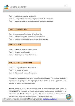 Document envoyé par Liouaeddine Mariem, proposé par Marketing-etudiant.fr
23
Étape 09 : Collecter et organiser les données
Étape 10 : Analyser les indicateurs et comparer les écarts de performance
Étape 11 : Comprendre l’écart et fixer les futurs niveaux de performance
PHASE 4 : APPROPRIATION
Étape 12 : communiquer les résultats du benchmarking
Étape 13 : Établir les objectifs fonctionnels et opérationnels
Étape 14 : Élaborer des plans d’actions et allouer des ressources
PHASE 5 : ACTION
Étape 15 : Mettre en œuvre les actions définies
Étape 16 : Évaluer la performance
Étape 17 : Encourager les prises d’initiatives
PHASE 6 : SUIVIS ET AJUSTEMENT
Étape 18 : Analyser les retours d’expériences
Étape 19 : Ajuster si nécessaire
Étape 20 : Pérenniser la pratique du processus
Ce processus demeure théorique certes mais cela n’empêche qu’il s’est basé sur des études
rigoureuses a fin qu’il puisse être le plus proche de la réalité de façon a permettre a son
adopteur de réaliser un résultat satisfaisant.
Outre le modèle de R.C CAMP et de Gerald J.BALM, le modèle présenté par le cabinet de
ERNST&YOUNG (1) installé au Canada a pour sa part une importance considérable vu sa
présentation très détaillée et ce en 4 phases et 9 taches nottement en terme de temps
nécessaire pour une démarche benchmarking. Le model est comme suit :
 