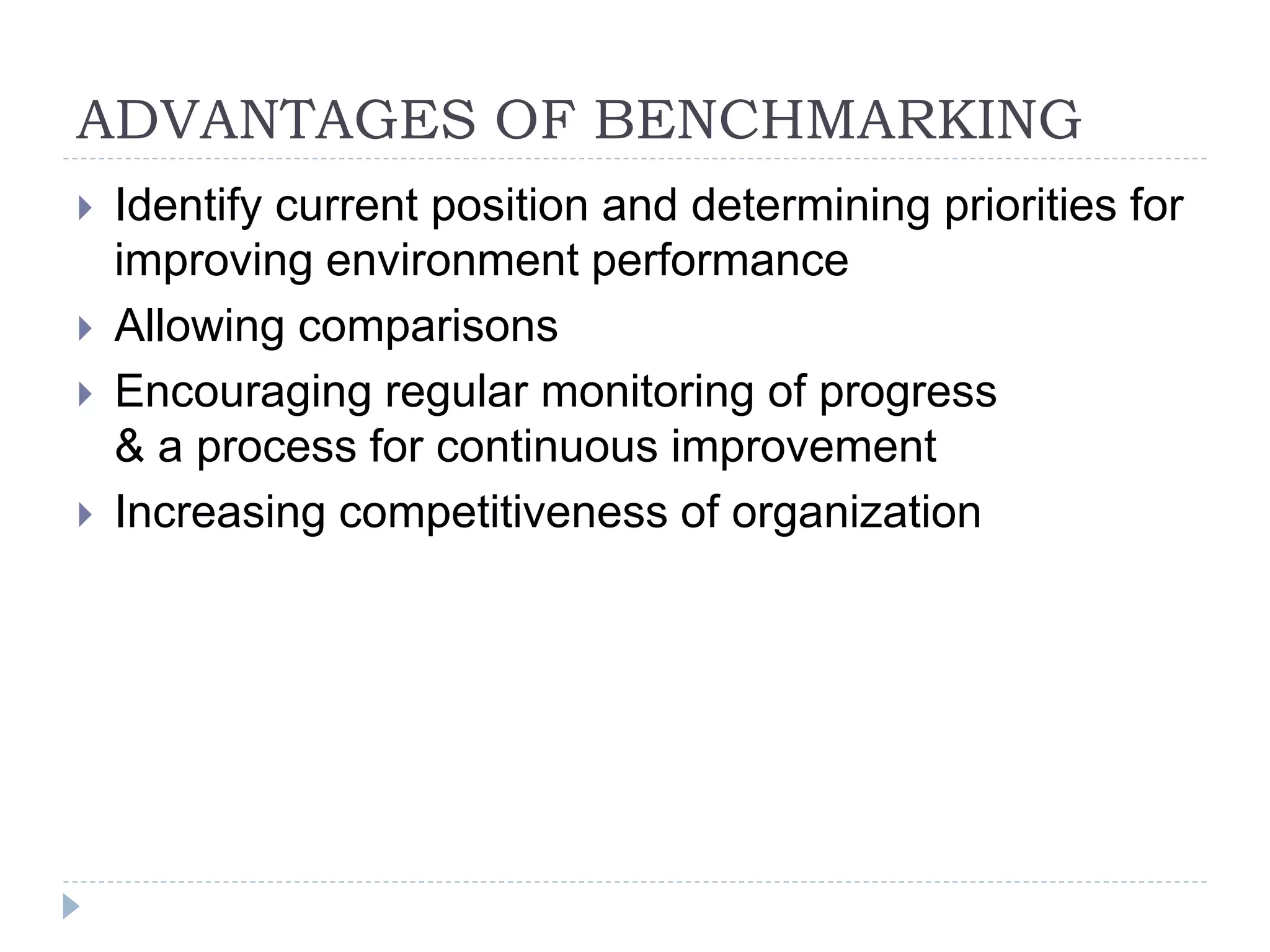 ADVANTAGES OF BENCHMARKING
 Identify current position and determining priorities for
improving environment performance
 Allowing comparisons
 Encouraging regular monitoring of progress
& a process for continuous improvement
 Increasing competitiveness of organization
 