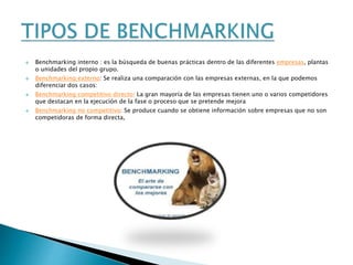  Benchmarking interno : es la búsqueda de buenas prácticas dentro de las diferentes empresas, plantas
o unidades del propio grupo.
 Benchmarking externo: Se realiza una comparación con las empresas externas, en la que podemos
diferenciar dos casos:
 Benchmarking competitivo directo: La gran mayoría de las empresas tienen uno o varios competidores
que destacan en la ejecución de la fase o proceso que se pretende mejora
 Benchmarking no competitivo: Se produce cuando se obtiene información sobre empresas que no son
competidoras de forma directa,
 