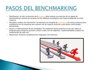  Planificación: En ella, la dirección de la empresa debe realizar una elección de un objeto de
benchmarking y ponerlo de acuerdo con los objetivos estratégicos que hayan establecido en dicha
empresa.
 Recogida y análisis de información: Se realizará una recogida de información de nuestra empresa para
compararla con las empresas que cuentan con las mejores prácticas y que hemos seleccionado
previamente.
 Acción e implementación de los resultados: "Se implantará dichas prácticas en lo cual, habrá un
programa que incluya las acciones a llevar a cabo, con los objetivos, responsabilidades y plazos de
implantación de cada una”.
 Maduración: Prácticas completamente integradas a los procesos.
 