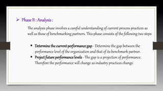  Phase II : Analysis :
The analysis phase involves a careful understanding of current process practices as
well as those of benchmarking partners. This phase consists of the following two steps
 Determine the current performance gap - Determine the gap between the
performance level of the organization and that of its benchmark partner.
 Project future performance levels- The gap is a projection of performance.
Therefore the performance will change as industry practices change.
 