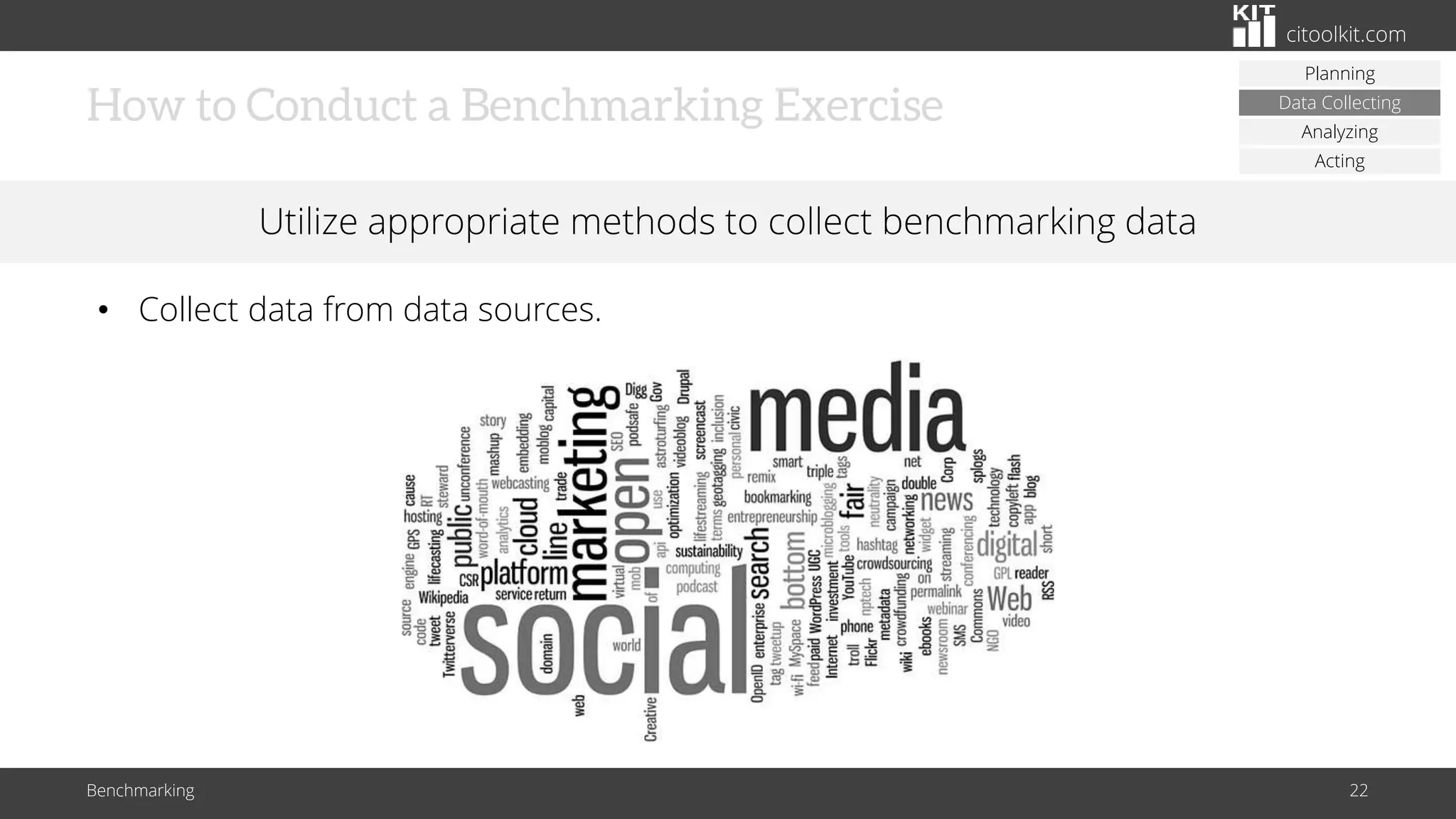 citoolkit.com
How to Conduct a Benchmarking Exercise
Benchmarking 22
Utilize appropriate methods to collect benchmarking data
• Collect data from data sources.
Planning
Data Collecting
Analyzing
Acting
 