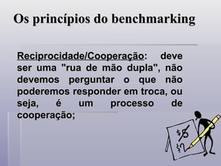 Os princípios do benchmarking
Os princípios do benchmarking
Reciprocidade/Cooperação
Reciprocidade/Cooperação: deve
: deve
ser uma "rua de mão dupla", não
ser uma "rua de mão dupla", não
devemos perguntar o que não
devemos perguntar o que não
poderemos responder em troca, ou
poderemos responder em troca, ou
seja, é um processo de
seja, é um processo de
cooperação;
cooperação;
 