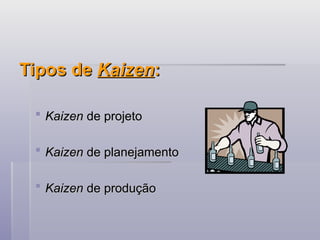 Tipos de
Tipos de Kaizen
Kaizen:
:
 Kaizen
Kaizen de projeto
de projeto
 Kaizen
Kaizen de planejamento
de planejamento
 Kaizen
Kaizen de produção
de produção
 