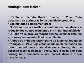 Analogia com Kaizen
• Tanto o método Kaizen quanto o Poka Yoke
trabalham na aprimoração da qualidade produtiva;
• São métodos complementares:
• O Kaizen busca a melhoria continua da qualidade e a
redução dos custos resultando em maior lucratividade;
• O Poka Yoke procura reduzir custos, eliminar defeitos
e, conseqüentemente, fidelizar o cliente;
• Ambos os métodos fazem parte do Sistema Toyota de
Produção (STP), e hoje estão sendo implementados em
todo o mundo nas mais diversas culturas, visto o
sucesso alcançado pela Toyota, que a cada ano está
conseguindo aumentar o seu market share e a sua
lucratividade.
 