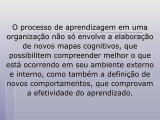 O processo de aprendizagem em uma
O processo de aprendizagem em uma
organização não só envolve a elaboração
organização não só envolve a elaboração
de novos mapas cognitivos, que
de novos mapas cognitivos, que
possibilitem compreender melhor o que
possibilitem compreender melhor o que
está ocorrendo em seu ambiente externo
está ocorrendo em seu ambiente externo
e interno, como também a definição de
e interno, como também a definição de
novos comportamentos, que comprovam
novos comportamentos, que comprovam
a efetividade do aprendizado.
a efetividade do aprendizado.
 