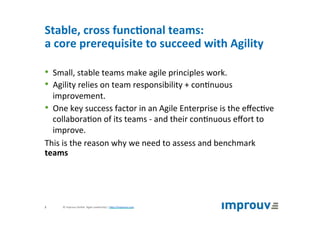 Stable,	cross	func7onal	teams:	
a	core	prerequisite	to	succeed	with	Agility	
•  Small,	stable	teams	make	agile	principles	work.	
•  Agility	relies	on	team	responsibility	+	con+nuous	
improvement.	
•  One	key	success	factor	in	an	Agile	Enterprise	is	the	eﬀec+ve	
collabora+on	of	its	teams	-	and	their	con+nuous	eﬀort	to	
improve.	
This	is	the	reason	why	we	need	to	assess	and	benchmark	
teams	
©	improuv	GmbH		Agile	Leadership	|	hJp://improuv.com		2	
 