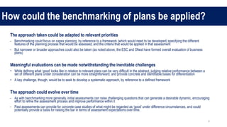 How could the benchmarking of plans be applied?
6
The approach taken could be adapted to relevant priorities
- Benchmarkin...