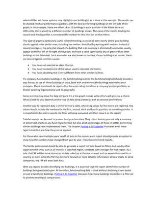 selected filter set. Some systems may highlight your building(s), as is done in this example. The results can
be divided into four performance quartiles, with the best-performing buildings on the left side of the
graph; in this example, there are either 14 or 15 buildings in each quartile—if the filters were set
differently, there would be a different number of buildings shown. The value of the metric dividing the
second and third quartiles is considered the median for this filter set on that metric.
This type of graph is particularly useful in benchmarking, as it can be seen clearly where your building
stands against other similar ones, including the median. Note that by working with medians instead of
means (averages), the potential impact of a building that is an anomaly is eliminated (anomalies usually
appear on the far left or far right of the graph, and have a value significantly less or greater than other
buildings in the database). Such anomalies are also known as outliers; if your building is an outlier, there
are several typical common causes:
•
•
•

You have not selected an ideal filter set.
You have misstated one of the values used to calculate the metric.
You have a building that is very different from other similar facilities.

If a company has multiple buildings in the benchmarking system, the benchmarking tool should provide a
way for you to see all those buildings at once, both with and without the buildings external to your
company. There also should be reports that focus on roll-up data from a company's entire portfolio, or
broken down by organizational unit or geography.
Some systems may show the data in Figure 4 in a line graph instead while others will give you a choice.
What is best for you depends on the type of data being viewed as well as personal preferences.
Another way to represent data is in the form of a table, where key values for the metric are reported. Key
values should include the medians for the first, second, third and fourth quartiles, or something similar. It
is important to be able to specify the filter set being evaluated and then show it on the report.
Tabular reports can be used to present best practices data. They report back to you not only a summary
of which best practices you have implemented, but also what percentages of those in better-performing
similar buildings have implemented them. The chapter Putting It All Together illustrates what these
reports look like and how they can be applied.
For those who have multiple years' worth of data in the system, each report should provide an option to
show how the numbers have changed from year to year. These become trend reports.
The facility professional should be able to generate a report not only based on filters, but also by other
organizational units, such as all those in a specified region, complete with averages for that region. As a
rule, the CRE will be more interested in data rolled up at the macro-level, such as expenditures within a
country or state, while the FM may be more focused on more detailed information at local levels. In some
companies, the FM will wear both hats.
With any report, besides identifying the buildings, it is essential that the report identify the number of
buildings being reported upon. All too often, benchmarking data is cited without disclosing it was based
on just a handful of buildings. Putting It All Together discusses how many buildings should be in a filter set
to provide meaningful comparisons.

 