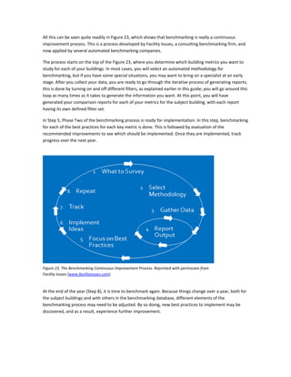 All this can be seen quite readily in Figure 23, which shows that benchmarking is really a continuous
improvement process. This is a process developed by Facility Issues, a consulting benchmarking firm, and
now applied by several automated benchmarking companies.
The process starts on the top of the Figure 23, where you determine which building metrics you want to
study for each of your buildings. In most cases, you will select an automated methodology for
benchmarking, but if you have some special situations, you may want to bring on a specialist at an early
stage. After you collect your data, you are ready to go through the iterative process of generating reports;
this is done by turning on and off different filters, as explained earlier in this guide; you will go around this
loop as many times as it takes to generate the information you want. At this point, you will have
generated your comparison reports for each of your metrics for the subject building, with each report
having its own defined filter set.
In Step 5, Phase Two of the benchmarking process is ready for implementation. In this step, benchmarking
for each of the best practices for each key metric is done. This is followed by evaluation of the
recommended improvements to see which should be implemented. Once they are implemented, track
progress over the next year.

Figure 23. The Benchmarking Continuous Improvement Process. Reprinted with permission from
Facility Issues (www.facilityissues.com).

At the end of the year (Step 8), it is time to benchmark again. Because things change over a year, both for
the subject buildings and with others in the benchmarking database, different elements of the
benchmarking process may need to be adjusted. By so doing, new best practices to implement may be
discovered, and as a result, experience further improvement.

 