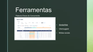 z
Ferramentas
▪ SimilarWeb
▪ Ubersuggest
▪ Mídias sociais
Palavra-Chave do Concorrente
 