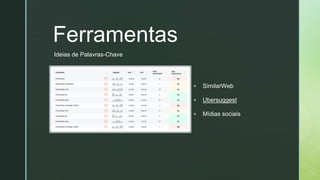 z
Ferramentas
▪ SimilarWeb
▪ Ubersuggest
▪ Mídias sociais
Ideias de Palavras-Chave
 