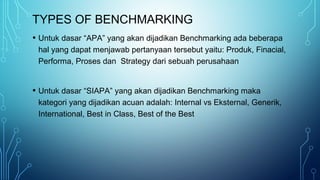 TYPES OF BENCHMARKING
• Untuk dasar “APA” yang akan dijadikan Benchmarking ada beberapa
hal yang dapat menjawab pertanyaan tersebut yaitu: Produk, Finacial,
Performa, Proses dan Strategy dari sebuah perusahaan
• Untuk dasar “SIAPA” yang akan dijadikan Benchmarking maka
kategori yang dijadikan acuan adalah: Internal vs Eksternal, Generik,
International, Best in Class, Best of the Best
 