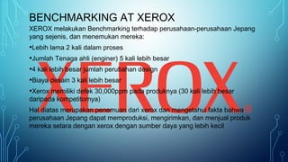 BENCHMARKING AT XEROX
XEROX melakukan Benchmarking terhadap perusahaan-perusahaan Jepang
yang sejenis, dan menemukan mereka:
•Lebih lama 2 kali dalam proses
•Jumlah Tenaga ahli (enginer) 5 kali lebih besar
•4 kali lebih besar jumlah perubahan design
•Biaya desain 3 kali lebih besar
•Xerox memiliki defek 30,000ppm pada produknya (30 kali lebih besar
daripada kompetitornya)
Hal diatas merupakan penemuan dari xerox dan mengetahui fakta bahwa
perusahaan Jepang dapat memproduksi, mengirimkan, dan menjual produk
mereka setara dengan xerox dengan sumber daya yang lebih kecil
 