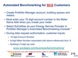 Automated Benchmarking for SCG Customers

• Create Portfolio Manager account, building spaces and
  meters
• Must enter yo...