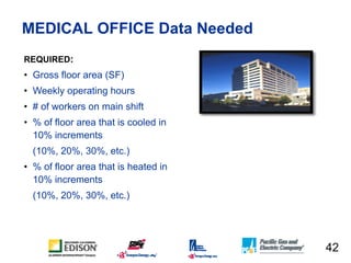 MEDICAL OFFICE Data Needed
REQUIRED:
• Gross floor area (SF)
• Weekly operating hours
• # of workers on main shift
• % of ...