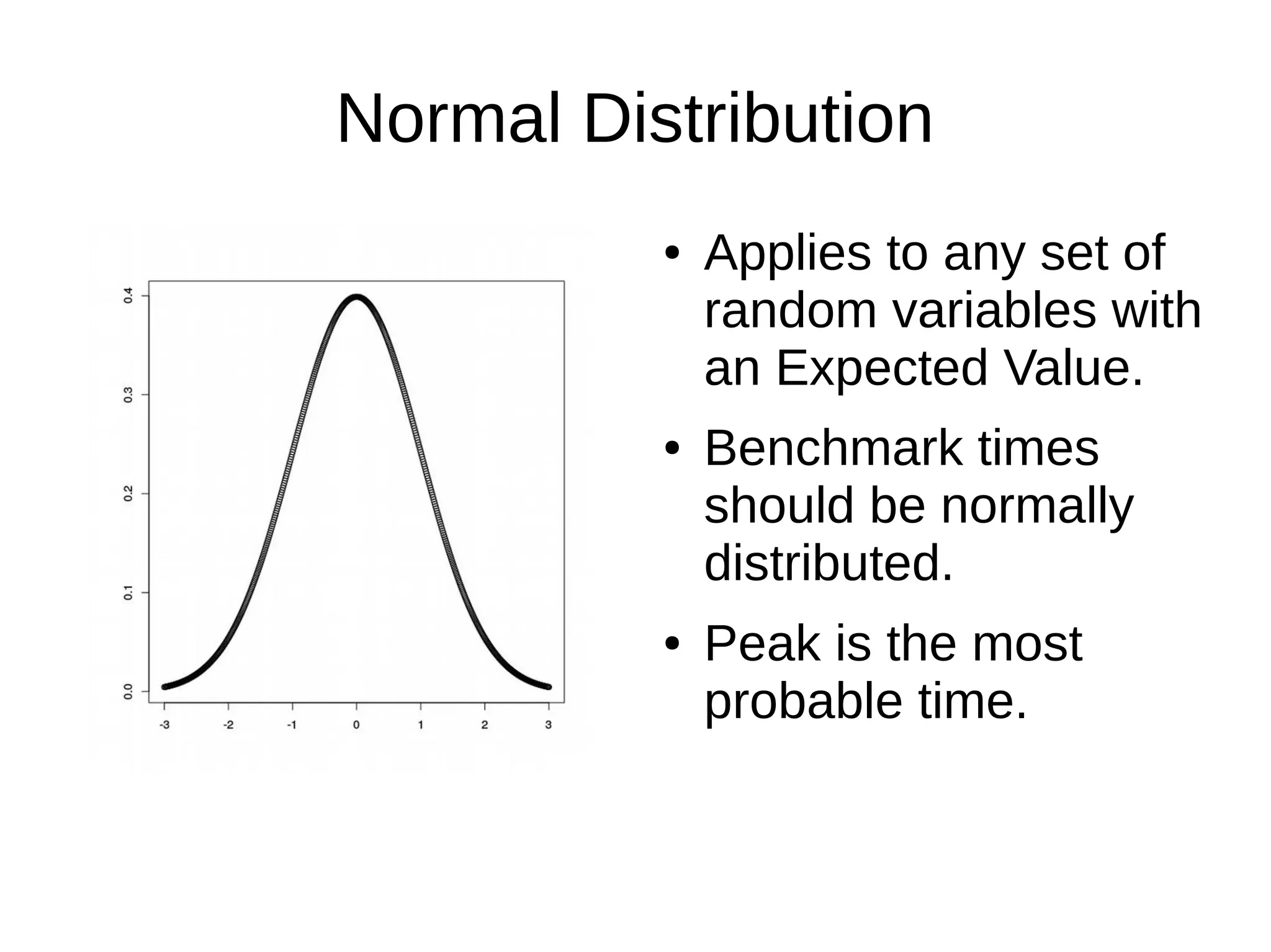 Normal Distribution
● Applies to any set of
random variables with
an Expected Value.
● Benchmark times
should be normally
distributed.
● Peak is the most
probable time.
 
