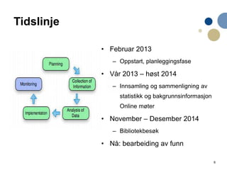 6
Tidslinje
• Februar 2013
– Oppstart, planleggingsfase
• Vår 2013 – høst 2014
– Innsamling og sammenligning av
statistikk og bakgrunnsinformasjon
Online møter
• November – Desember 2014
– Bibliotekbesøk
• Nå: bearbeiding av funn
 