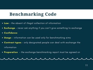 1 1
Benchmarking Code
Law – the absent of illegal collection of information
Exchange – never ask anything if you can’t give something to exchange
Confidence
Usage – information can be used only for benchmarking aims
Contract types – only designated people can deal with exchange the
information
Preparation – the exchange benchmarking report must be agreed on
 