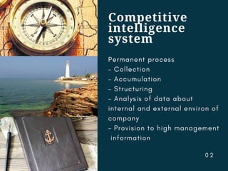 Competitive
intelligence
system
Permanent process
- Collection
- Accumulation
- Structuring
- Analysis of data about
internal and external environ of
company
- Provision to high management
information
0 2
 