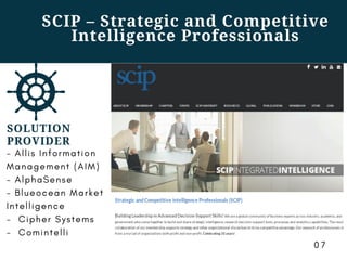 SCIP – Strategic and Competitive
Intelligence Professionals
- A l l i s I n f o r m a t i o n
M a n a g e m e n t ( A I M )
- A l p h a S e n s e
- B l u e o c e a n M a r k e t
I n t e l l i g e n c e
- C i p h e r S y s t e m s
- C o m i n t e l l i
0 7
SOLUTION
PROVIDER
 