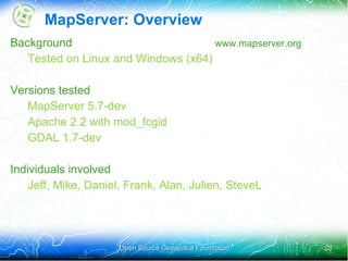 Hardware Configuration Bench WMS Linux/Windows Database JMeter Shapefiles ECW GeoTIFF Oracle PostGIS 