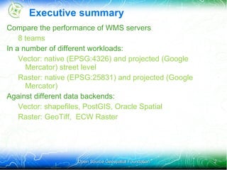Executive summary <ul><li>Compare the performance of WMS servers </li><ul><li>8 teams </li></ul><li>In a number of differe...