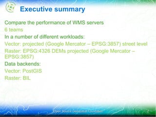 Executive summary Compare the performance of WMS servers 6 teams In a number of different workloads:  Vector: projected (Google Mercator – EPSG:3857) street level 
