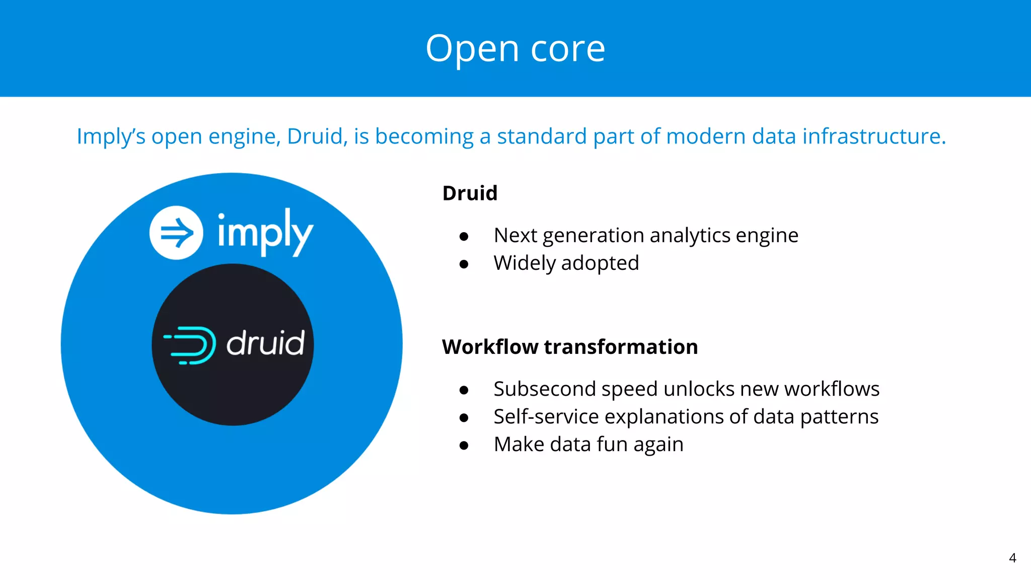 Open core
Imply’s open engine, Druid, is becoming a standard part of modern data infrastructure.
Druid
● Next generation analytics engine
● Widely adopted
Workflow transformation
● Subsecond speed unlocks new workflows
● Self-service explanations of data patterns
● Make data fun again
4
 